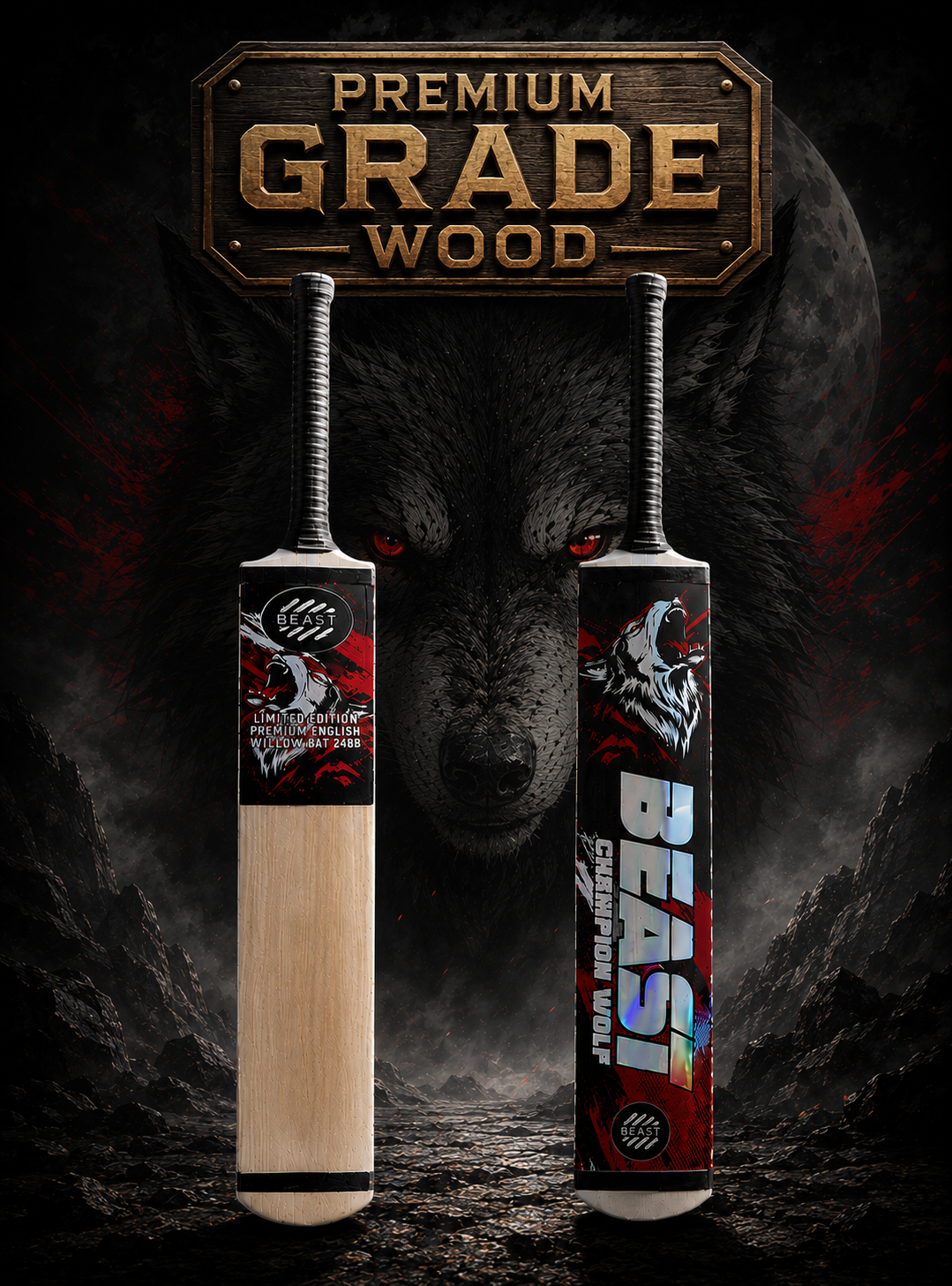 BEAST Wolf Edition Cricket Bat – Premium A-Grade Rawalakot Wood | Full Balance Tape Ball Bat