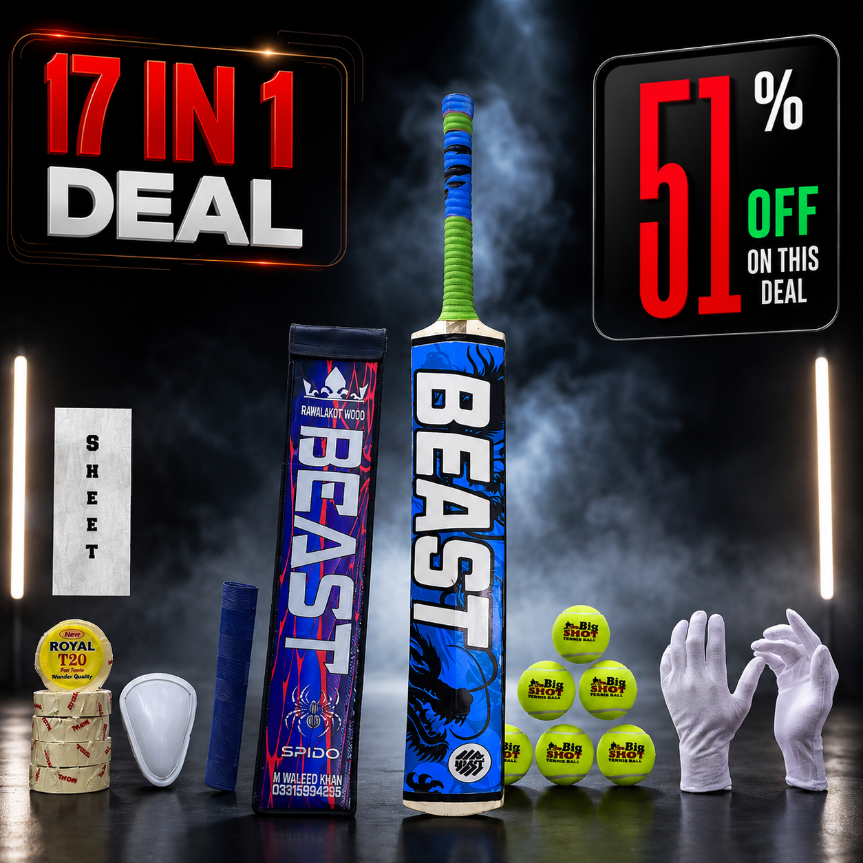 BEAST Rawalakot Wood 17 in 1 Cricket Kit – Premium Tape Ball Cricket Bat Set