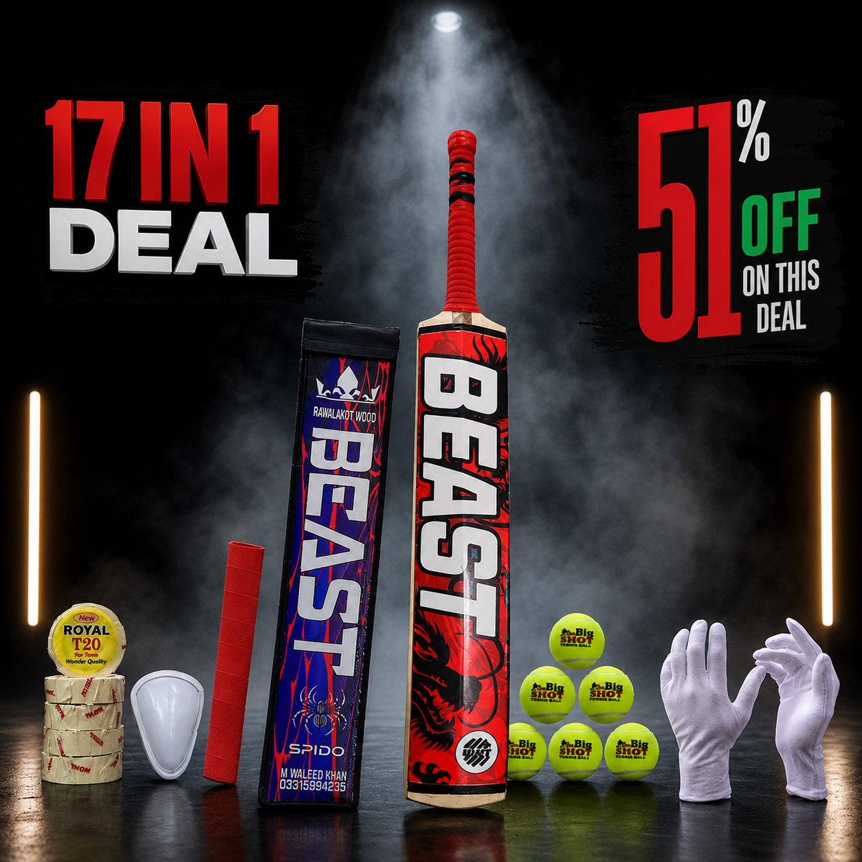 BEAST Rawalakot Wood 17 in 1 Cricket Kit – Premium Tape Ball Cricket Bat Set