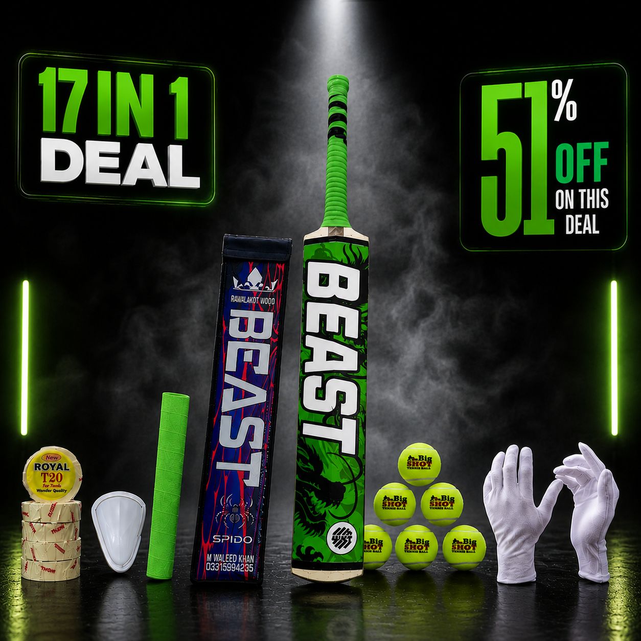BEAST Rawalakot Wood 17 in 1 Cricket Kit – Premium Tape Ball Cricket Bat Set