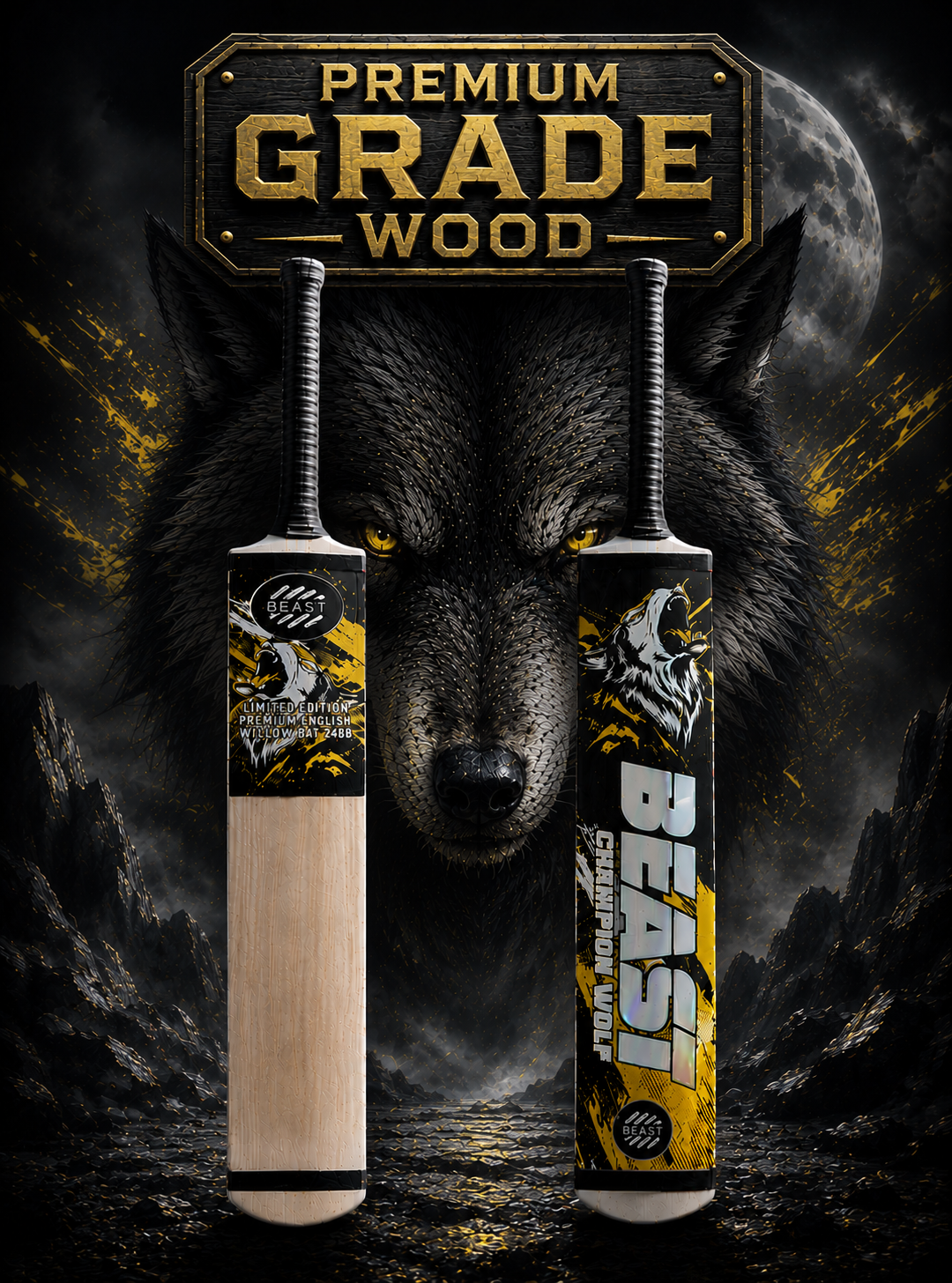 BEAST Wolf Edition Cricket Bat – Premium A-Grade Rawalakot Wood | Full Balance Tape Ball Bat