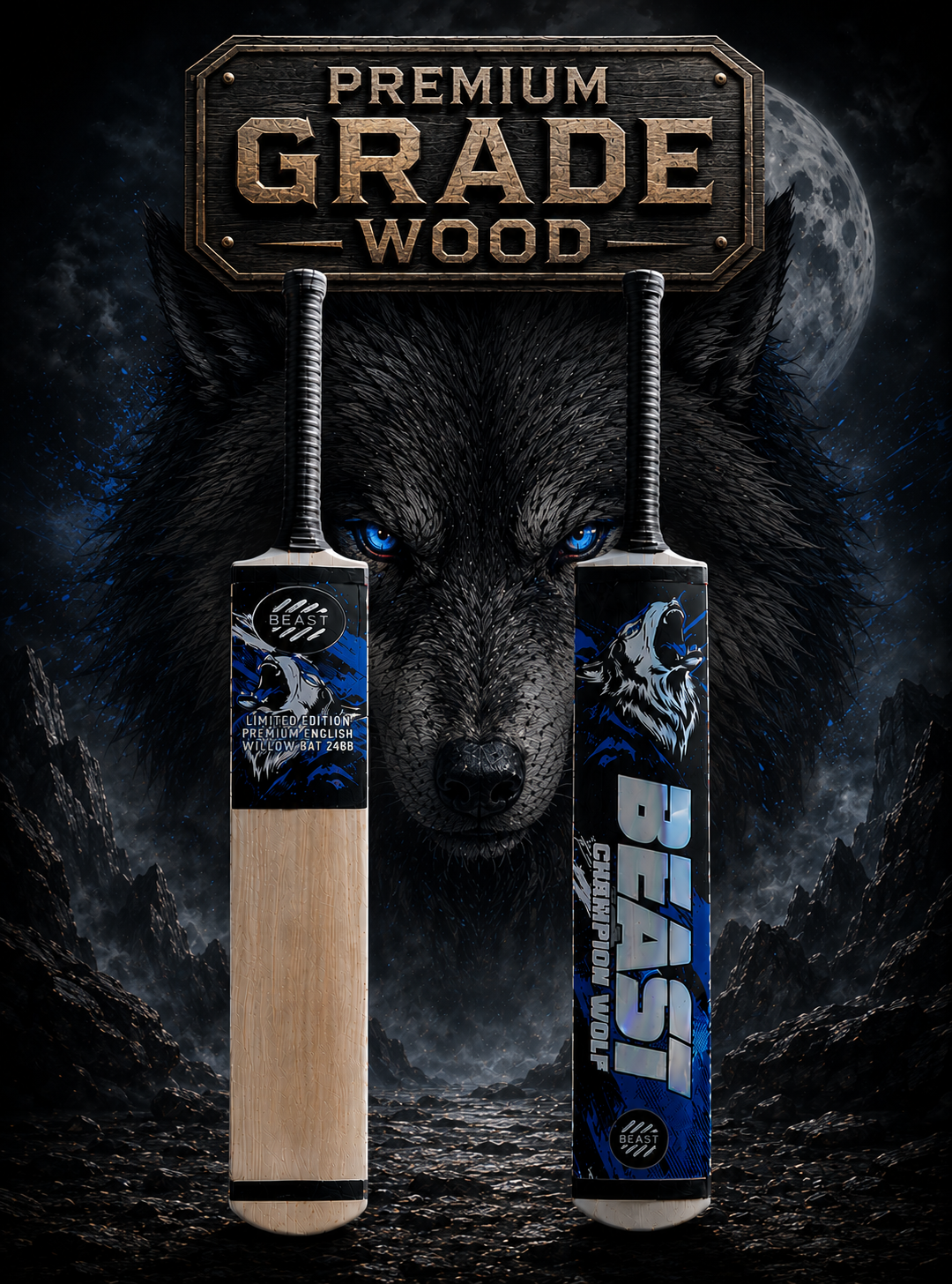 BEAST Wolf Edition Cricket Bat – Premium A-Grade Rawalakot Wood | Full Balance Tape Ball Bat