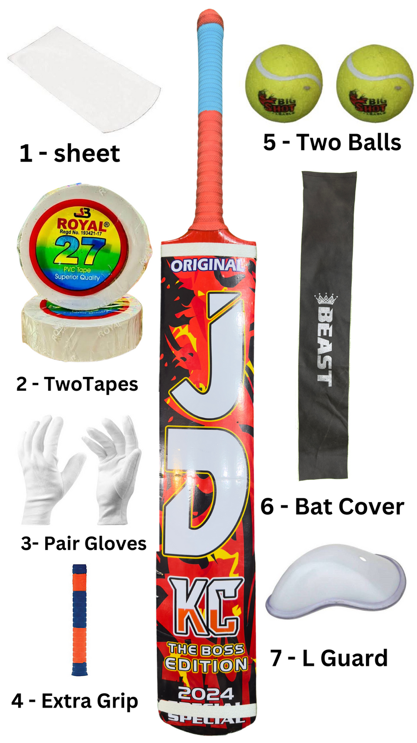 8 In 1 Deal Jd Bat with 2 Balls , 2 Tapes , Bat Cover , Protector Sheet , Extra Grip , Pair Gloves , L Guard In This Deal
