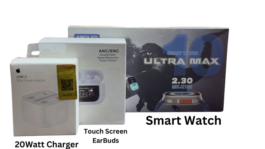 3 In One Deal , In This Deal - 20 Watt Typ C Charger , Touch Controll ANC / ENC EarBuds , Ultra Max Smart Watch