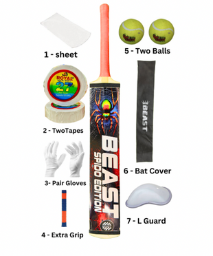 8 In 1 Deal Spido Edition Bat with 2 Balls , 2 Tapes , Bat Cover , Protector Sheet , Extra Grip , Pair Gloves , Guard In This Deal